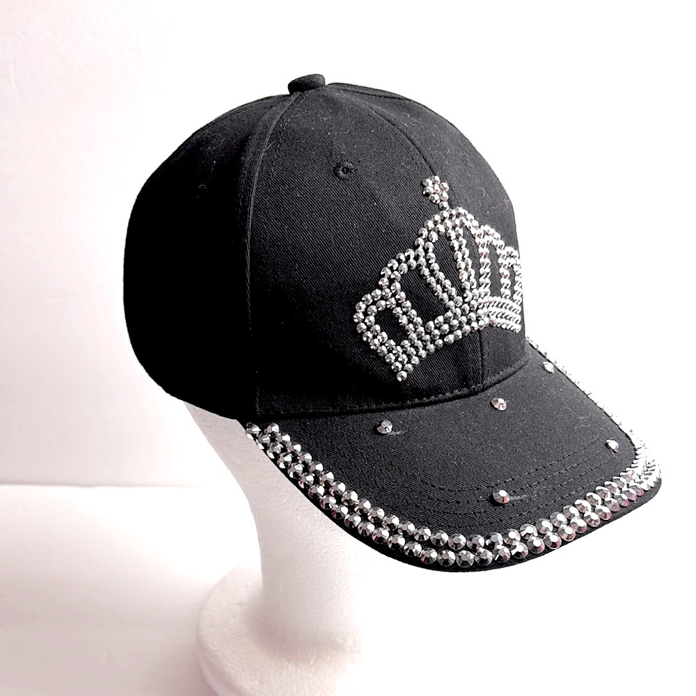 Black Rhinestone Women Baseball Cap with Crown Design